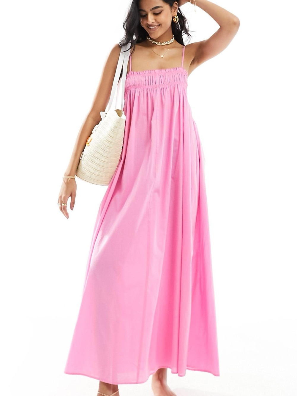 ASOS Women’s Pink Adjustable Strap Trapeze Maxi Beach Dress (100% Cotton)